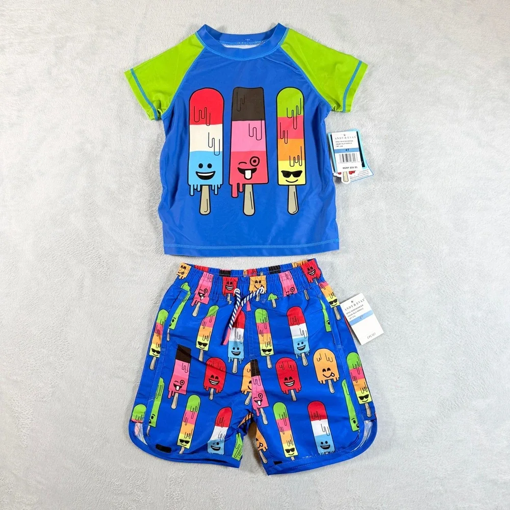Andy & Evan Toddler Boys Blue Popsicle‎ Swim Set Rash Guard Trunks 4T NWT
